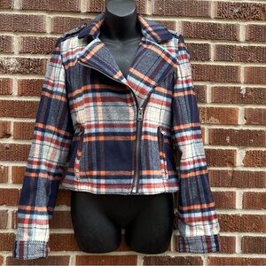 HOLLISTER WomenS Moto Jacket Navy Wool Blend Plaid Side Zip Fitted Lined Jacket